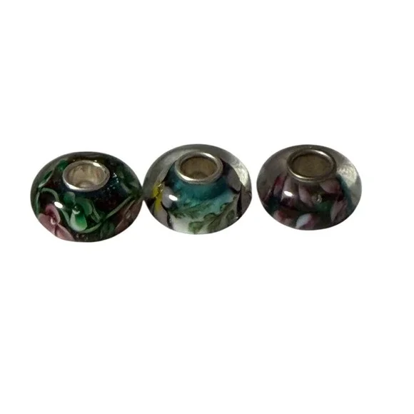 Artistic 3pc Floral Lampwork Glass European Charm Multicolor Silver Tone Core - Picture 4 of 6